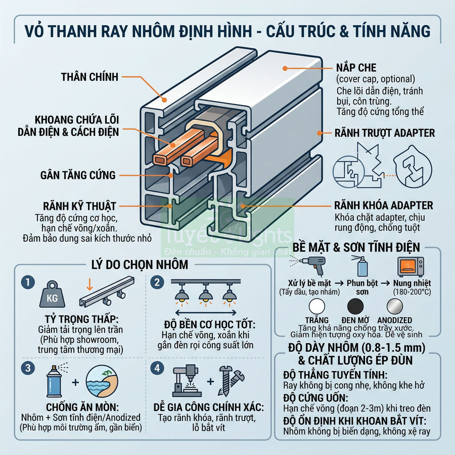 Cấu tạo vỏ thanh ray nhôm định hình có khoang chứa lõi dẫn điện và rãnh kỹ thuật, rãnh khóa adapter