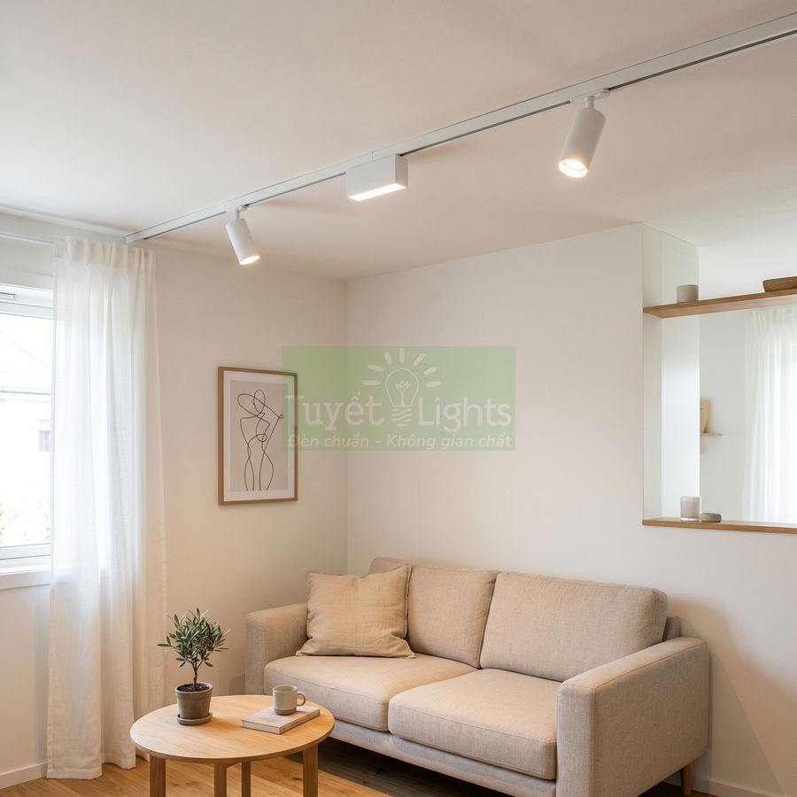 Đèn rọi ray Tuyết Lights chiếu sáng phòng khách nhỏ với sofa be và bàn trà gỗ
