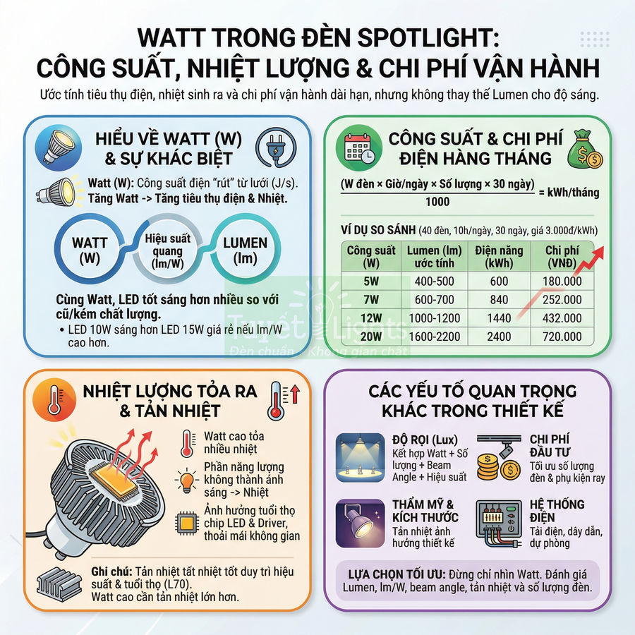 Infographic hướng dẫn chọn đèn spotlight LED theo watt, lumen, nhiệt lượng và chi phí điện hàng tháng