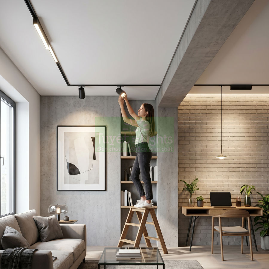 Cô gái đứng trên thang điều chỉnh đèn rọi ray LED trên trần phòng khách hiện đại
