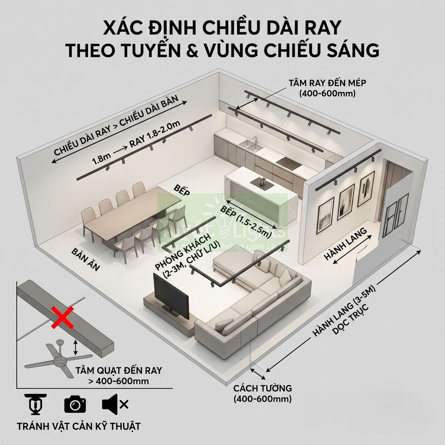 Mô phỏng bố trí ray đèn chiếu sáng trong phòng khách, bếp và hành lang căn hộ hiện đại