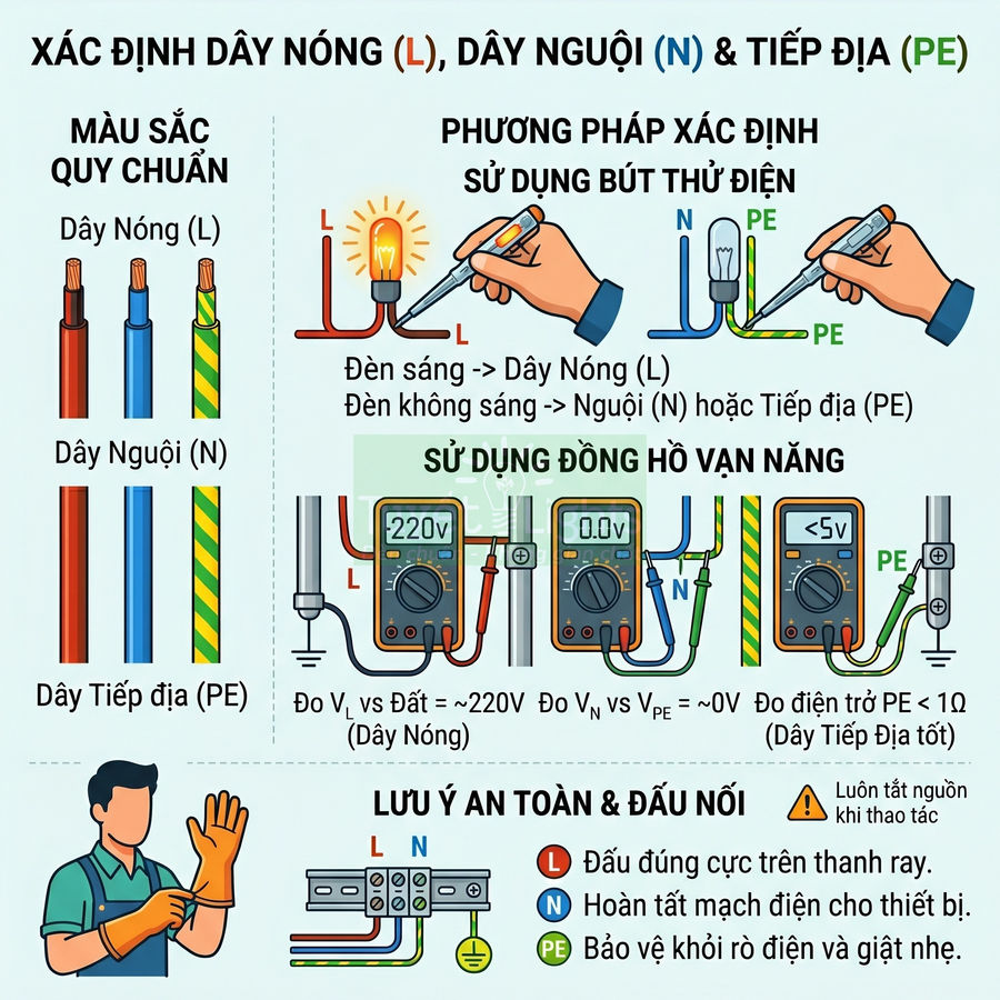 Hướng dẫn xác định dây nóng dây nguội dây tiếp địa bằng bút thử điện và đồng hồ vạn năng trong hệ thống điện gia đình