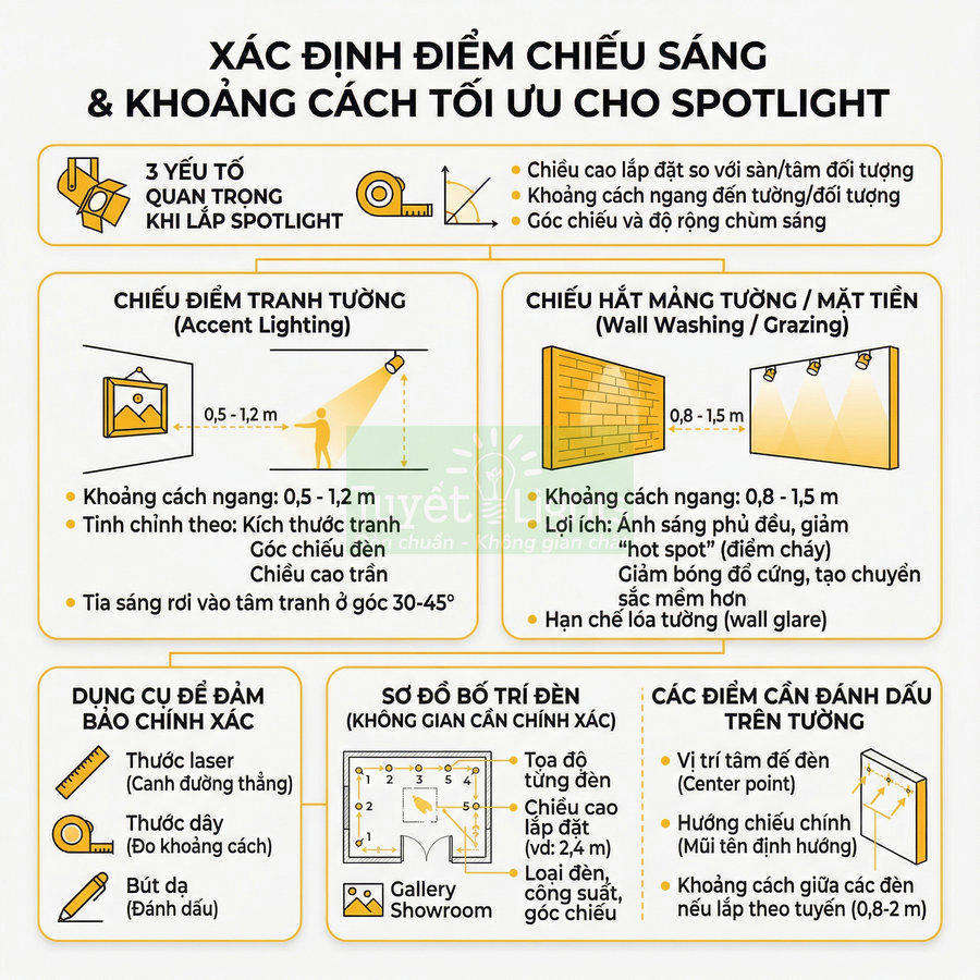 Hướng dẫn xác định điểm chiếu sáng và khoảng cách lắp đặt đèn spotlight chiếu tranh tường, mặt tiền, kèm sơ đồ minh họa