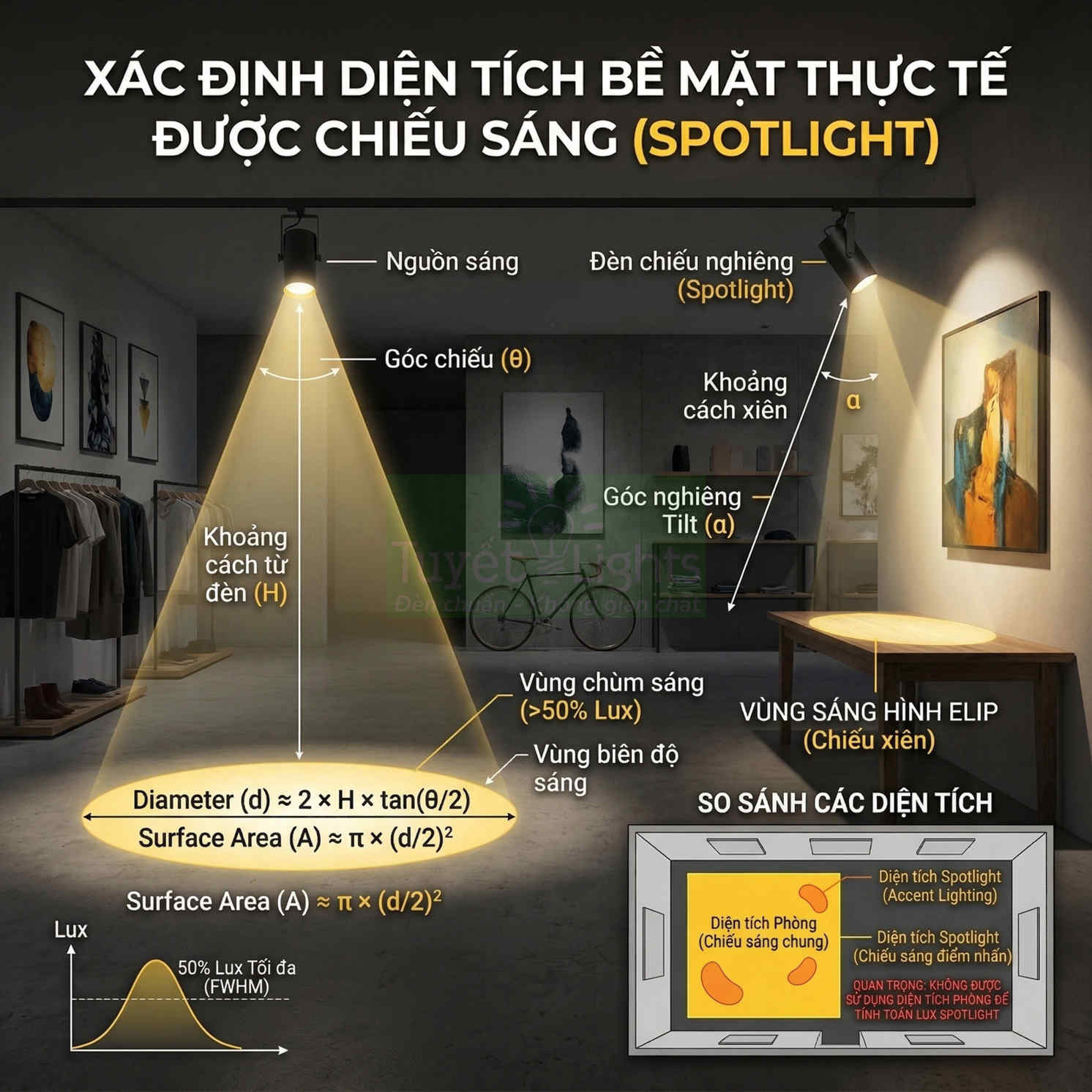 Minh họa cách xác định diện tích bề mặt được chiếu sáng bởi đèn spotlight trong phòng trưng bày