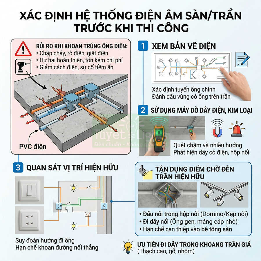 Hướng dẫn xác định hệ thống điện âm sàn trần trước khi thi công với 4 bước minh họa chi tiết