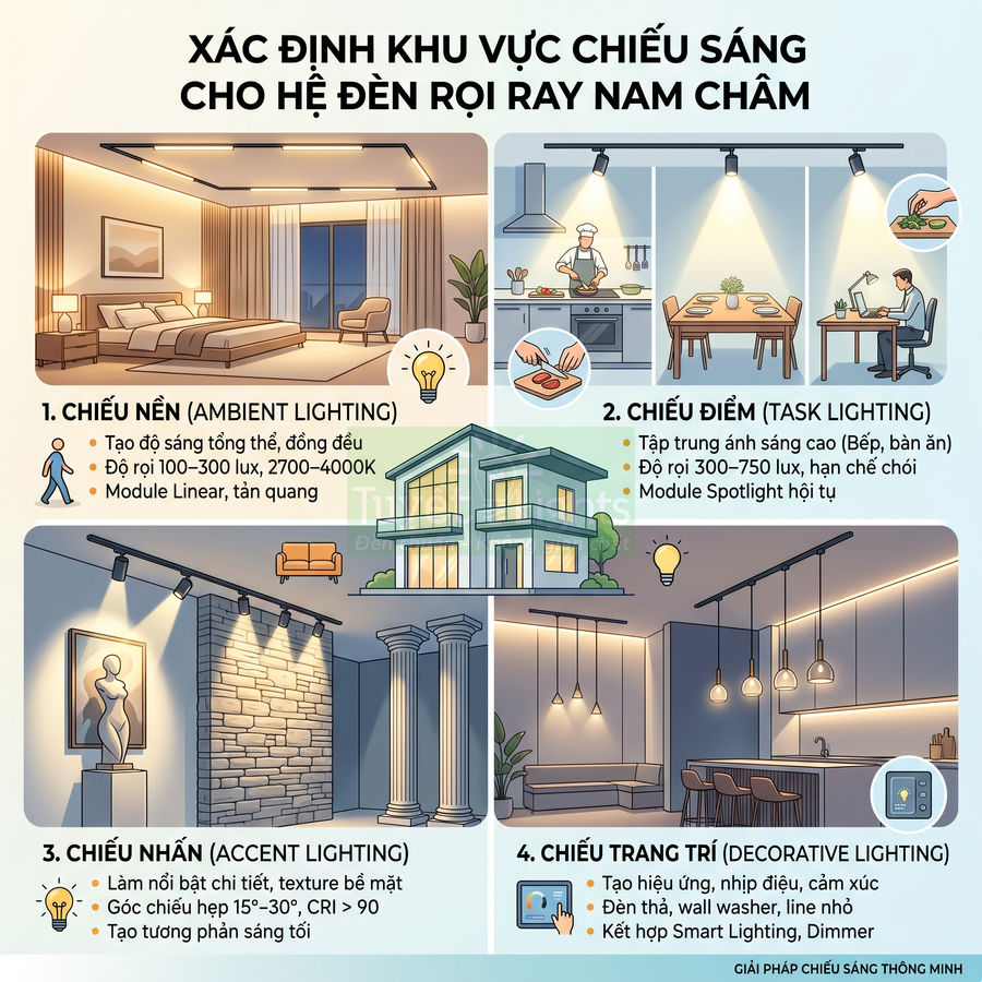 Minh họa các khu vực ứng dụng hệ đèn rọi ray nam châm cho chiếu nền, chiếu điểm, chiếu nhấn và chiếu trang trí trong nhà