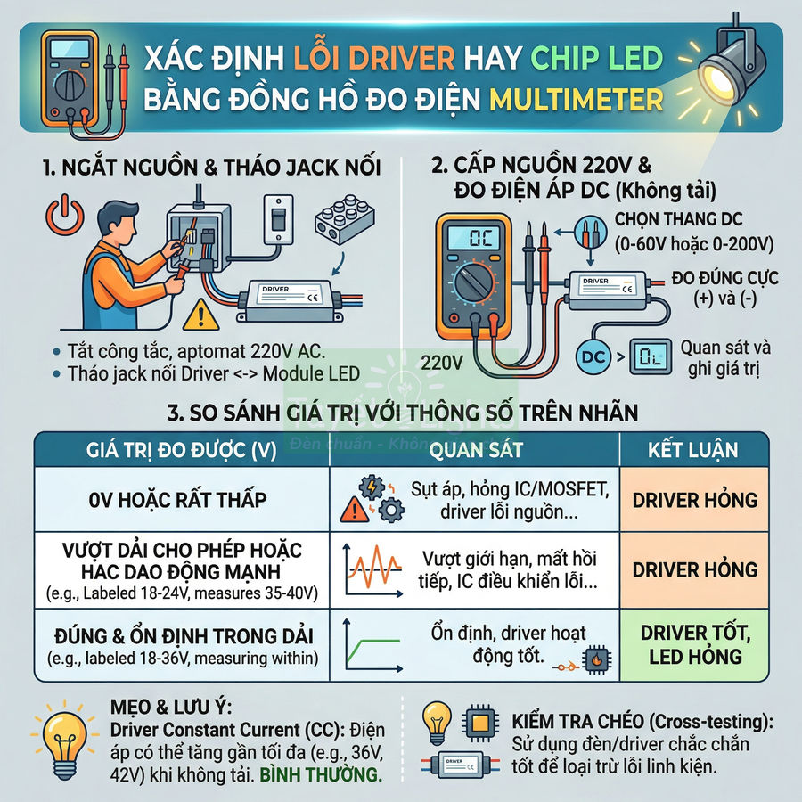 Hướng dẫn xác định lỗi driver hay chip LED bằng đồng hồ đo điện multimeter với sơ đồ đấu nối và bảng so sánh kết quả đo