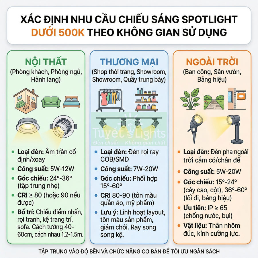 Infographic hướng dẫn chọn đèn spotlight giá dưới 500k cho nội thất, thương mại và ngoài trời của Tuyết Lights