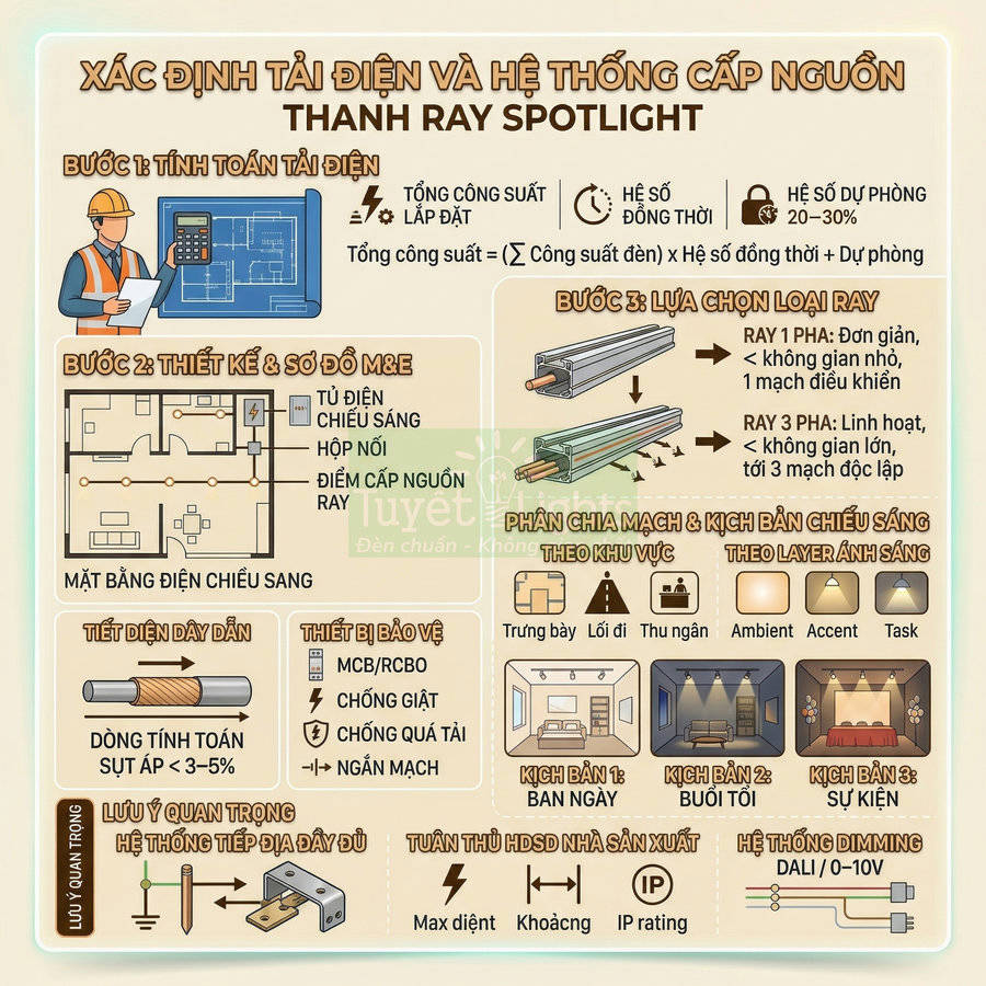Hướng dẫn xác định tải điện và hệ thống cấp nguồn cho thanh ray spotlight chiếu sáng nội thất