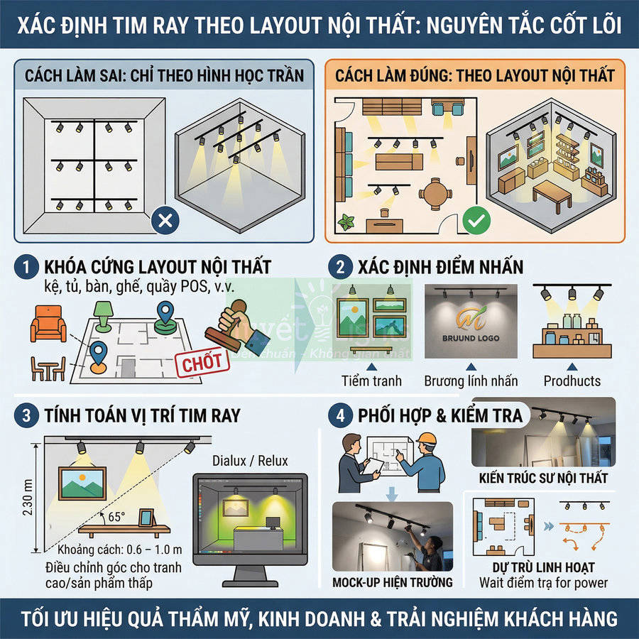 Hướng dẫn xác định tim ray đèn theo layout nội thất để tối ưu chiếu sáng và trưng bày sản phẩm trong cửa hàng
