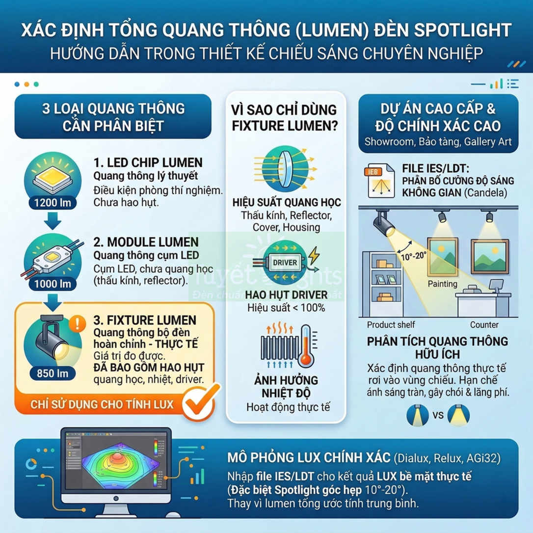 Infographic hướng dẫn xác định quang thông lumen cho đèn spotlight LED trong thiết kế chiếu sáng chuyên nghiệp