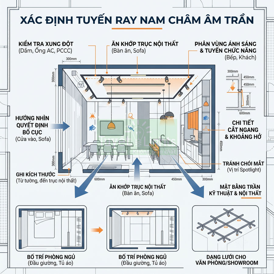 Sơ đồ bố trí ray nam châm âm trần cho phòng khách và bếp, minh họa vị trí đèn và nội thất chi tiết