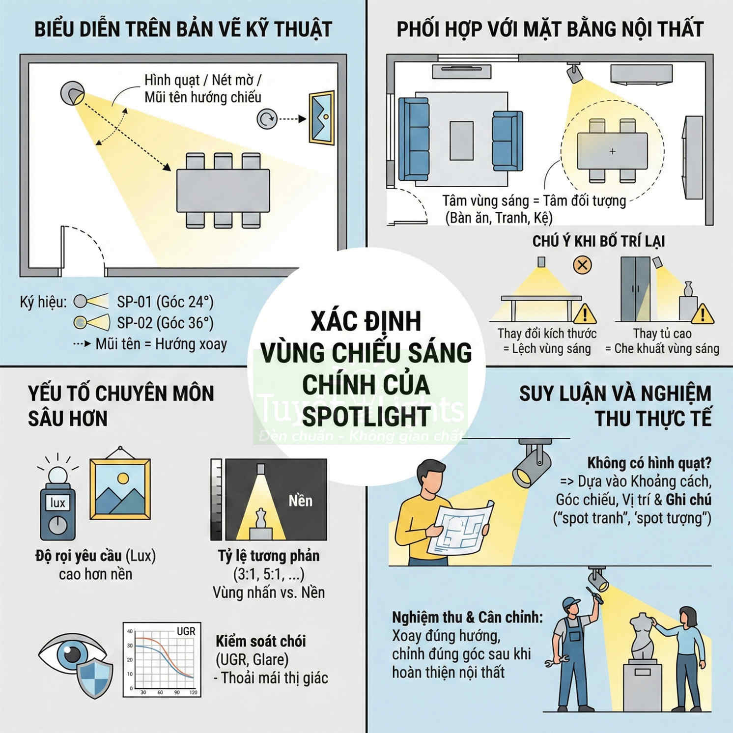 Infographic hướng dẫn xác định vùng chiếu sáng chính của đèn spotlight trong thiết kế nội thất phòng khách