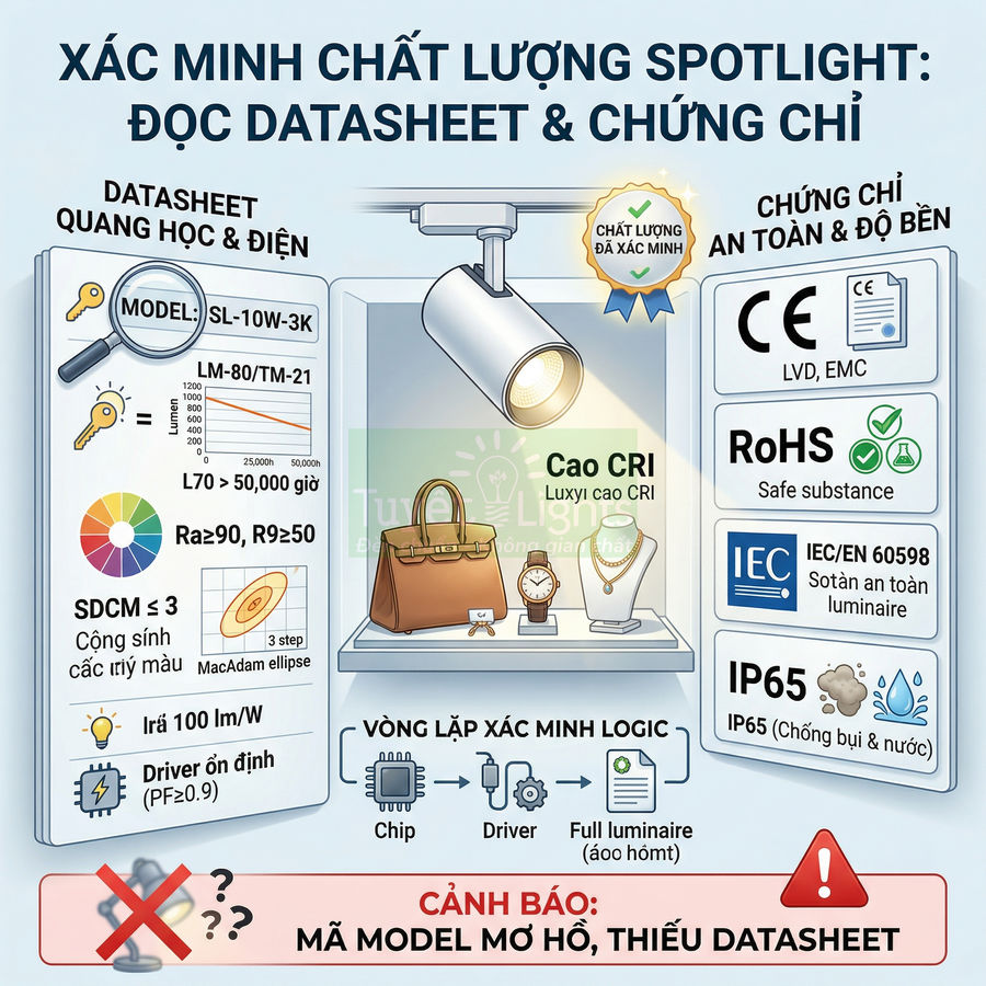 Đèn spotlight cao CRI chiếu sáng tủ trưng bày túi xách, đồng hồ, trang sức cùng thông số datasheet và chứng chỉ an toàn