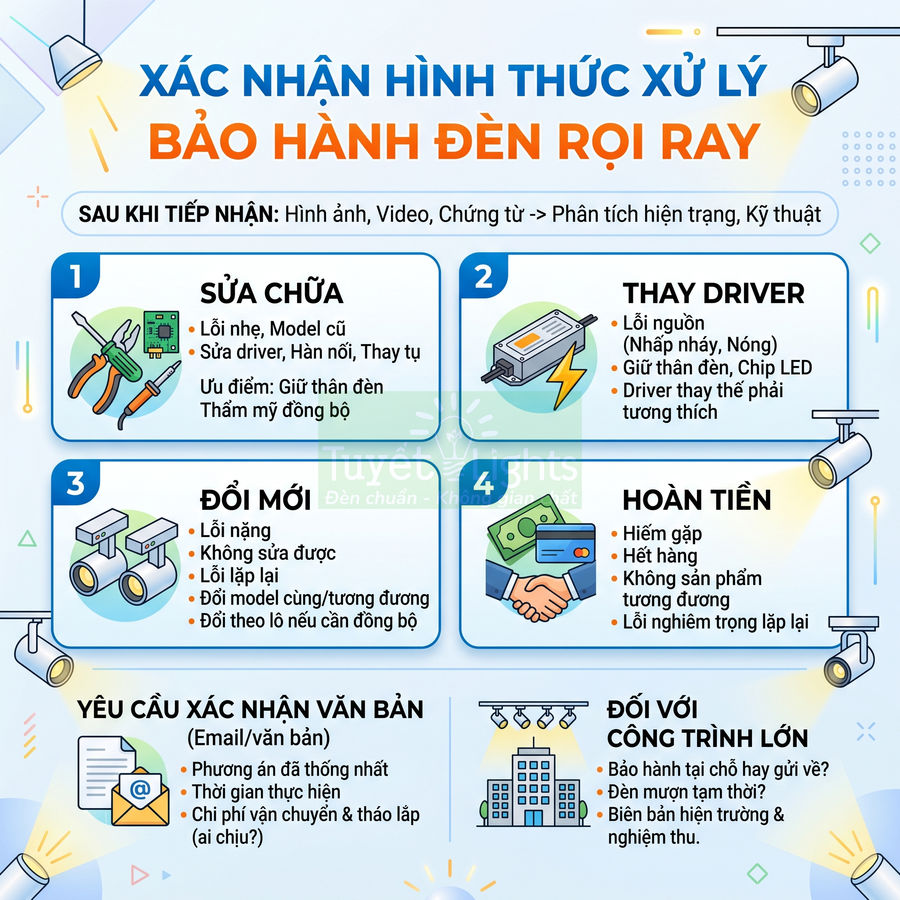 Hướng dẫn các hình thức xử lý bảo hành đèn rọi ray gồm sửa chữa, thay driver, đổi mới và hoàn tiền