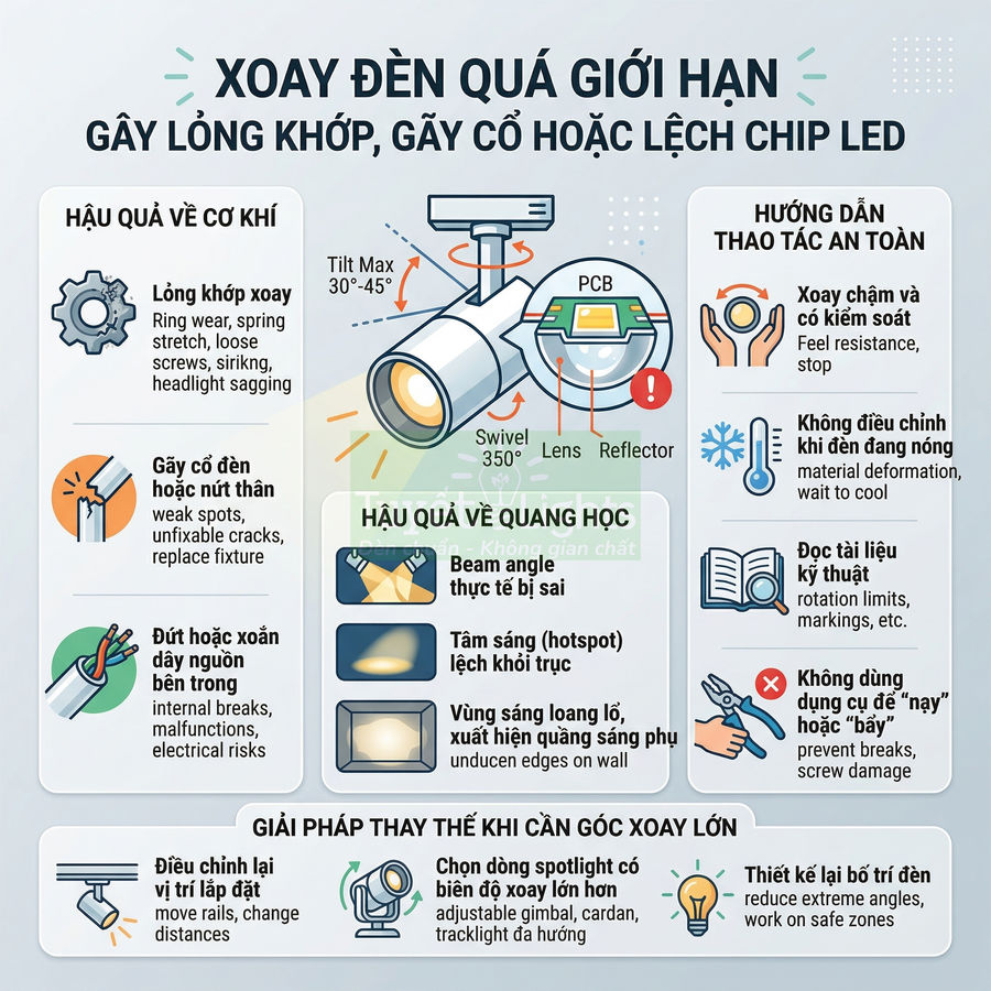 Infographic cảnh báo xoay đèn spotlight LED quá giới hạn gây hỏng khớp, lệch chip và hướng dẫn thao tác an toàn