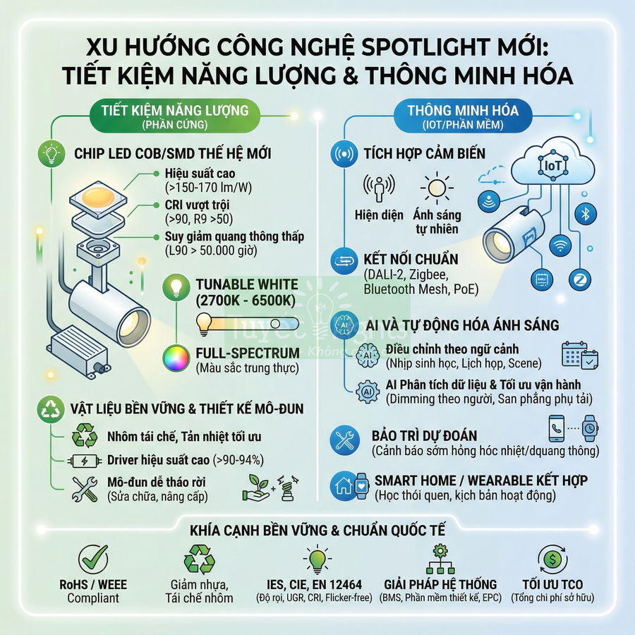 Infographic xu hướng công nghệ đèn spotlight LED tiết kiệm năng lượng và chiếu sáng thông minh cho nhà ở và công trình