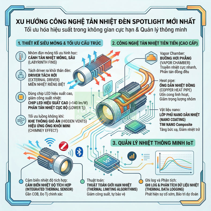 Infographic công nghệ tản nhiệt đèn LED spotlight siêu mỏng, chip hiệu suất cao và quản lý nhiệt thông minh IoT