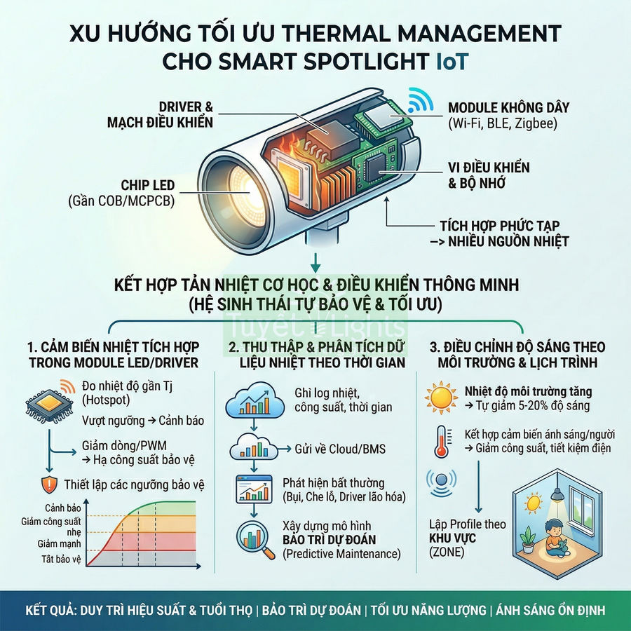 Đèn spotlight IoT thông minh với chip LED, module không dây và hệ thống quản lý nhiệt tối ưu hiệu suất