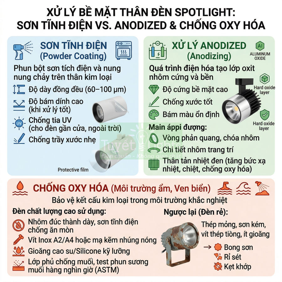 So sánh xử lý bề mặt thân đèn spotlight sơn tĩnh điện, anodized và chống oxy hóa trong môi trường ẩm ven biển
