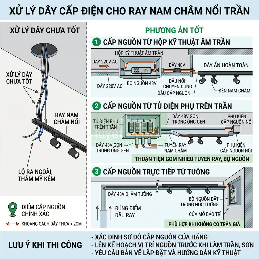 Hướng dẫn xử lý dây cấp điện cho hệ thống ray nam châm nổi trần và các phương án cấp nguồn an toàn