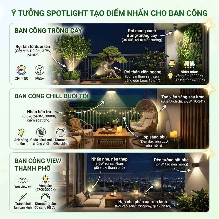 Ý tưởng bố trí đèn spotlight trang trí ban công trồng cây, chill buổi tối và view thành phố hiện đại