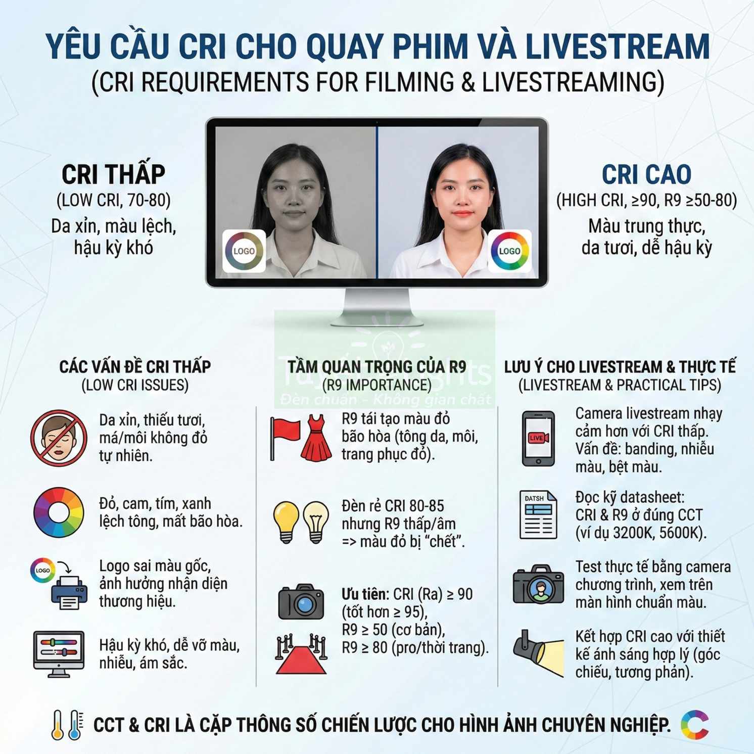 Infographic yêu cầu chỉ số CRI cao cho quay phim livestream, so sánh CRI thấp và cao, nhấn mạnh tầm quan trọng của R9