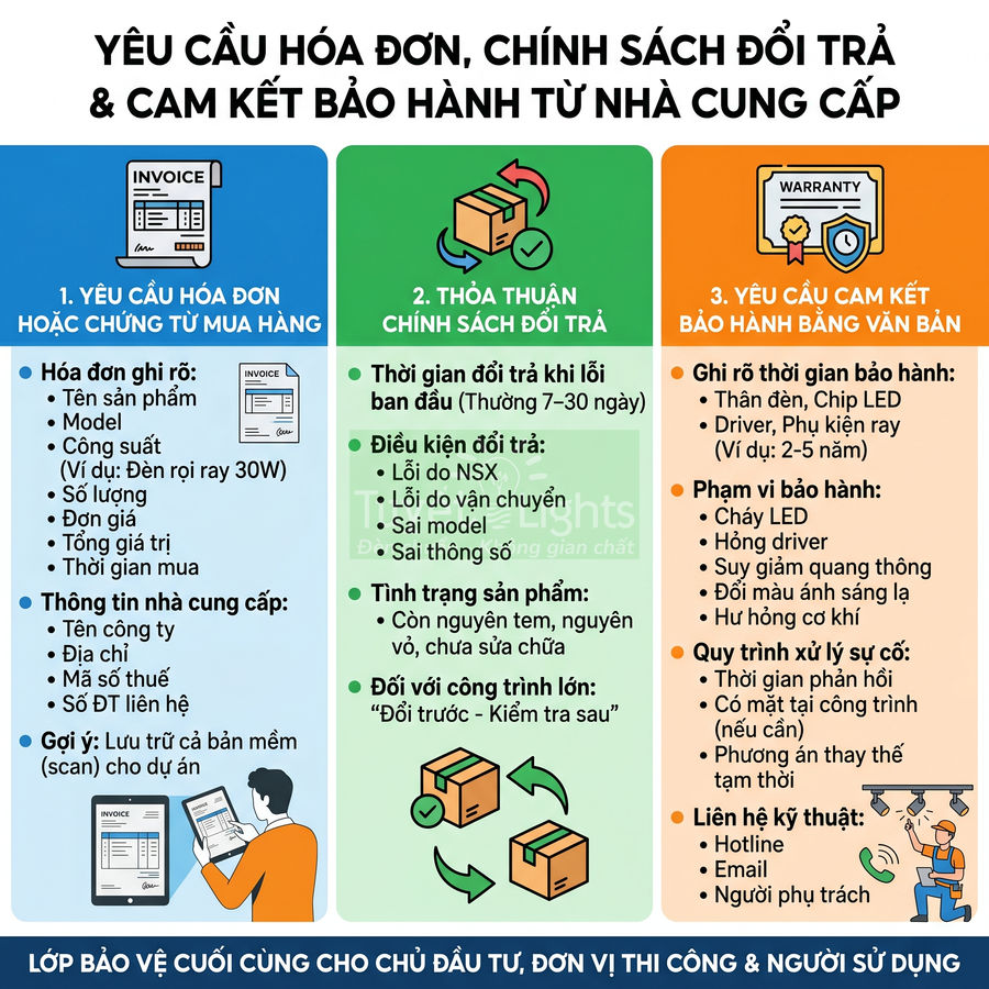 Infographic yêu cầu hóa đơn, chính sách đổi trả và cam kết bảo hành sản phẩm đèn LED từ nhà cung cấp