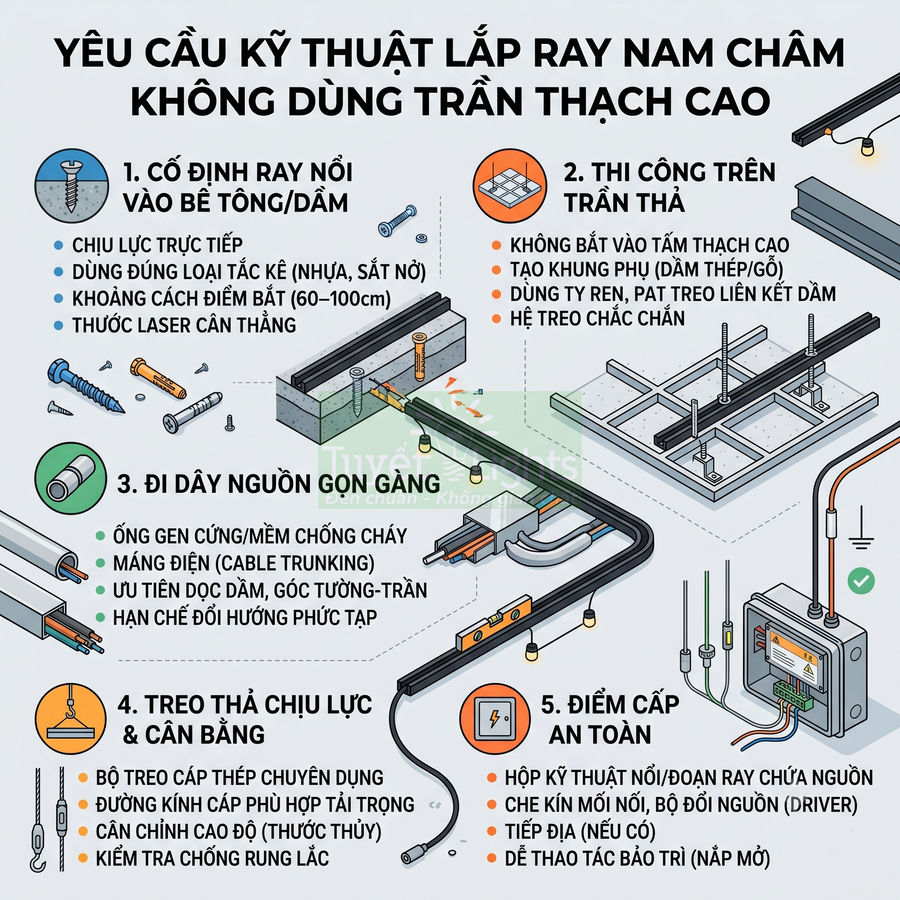 Hướng dẫn kỹ thuật lắp đặt ray nam châm không dùng trần thạch cao và đi dây nguồn an toàn