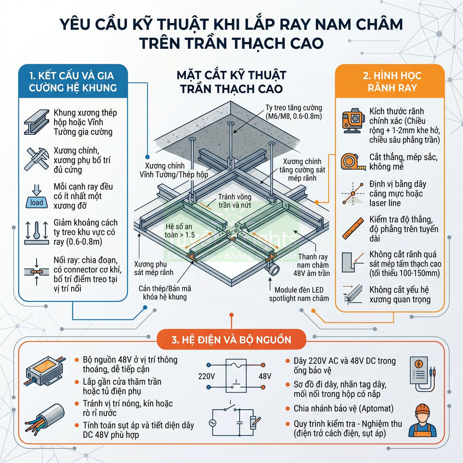 Hướng dẫn kỹ thuật lắp đặt ray nam châm và đèn LED spotlight trên trần thạch cao