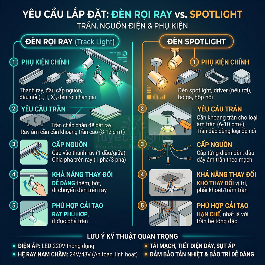 Infographic so sánh yêu cầu lắp đặt đèn rọi ray track light và đèn spotlight âm trần, nguồn điện và phụ kiện