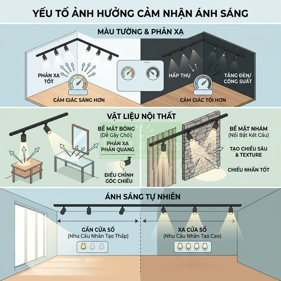 Đèn rọi ray trong phòng khách minh họa cách màu tường, vật liệu nội thất và ánh sáng tự nhiên ảnh hưởng độ sáng
