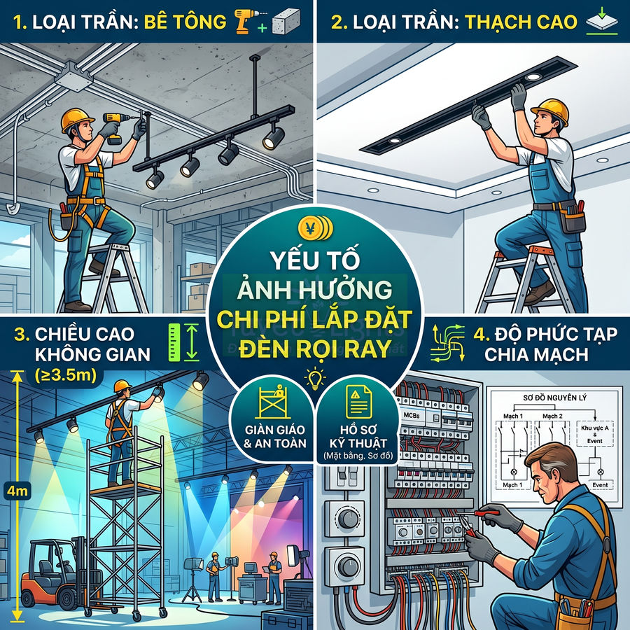 Infographic các yếu tố ảnh hưởng chi phí lắp đặt đèn rọi ray trần bê tông và trần thạch cao
