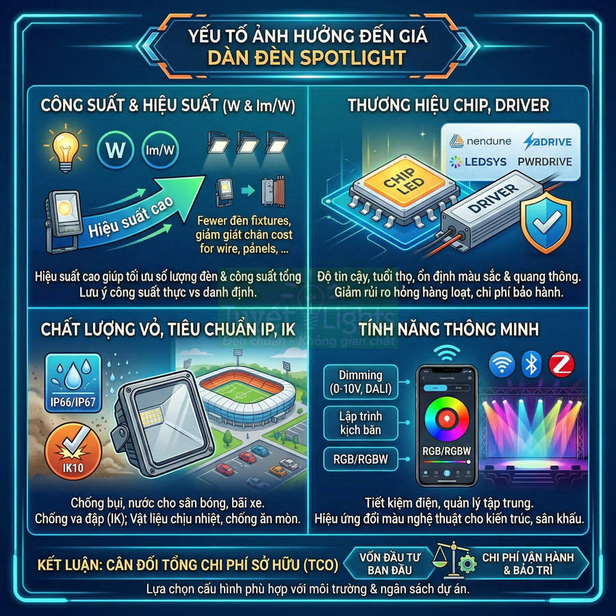 Infographic các yếu tố ảnh hưởng đến giá dàn đèn spotlight LED sân vận động và sân khấu
