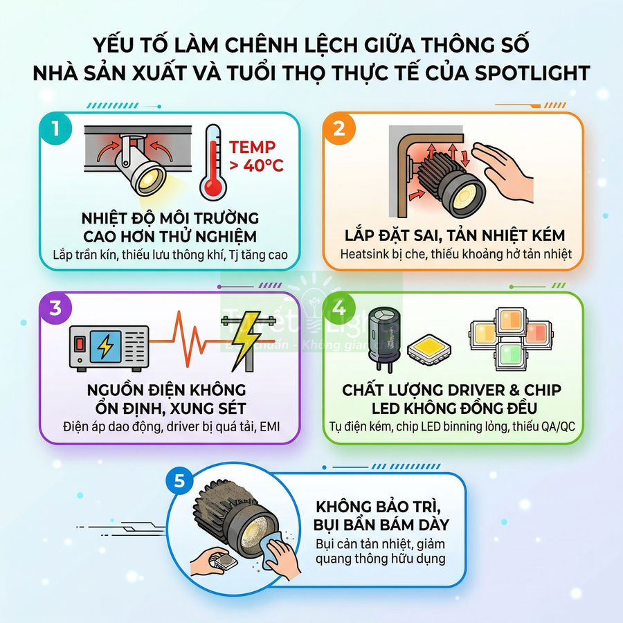 Infographic các yếu tố làm giảm tuổi thọ đèn LED spotlight như nhiệt độ cao, lắp đặt sai, nguồn điện kém, bụi bẩn