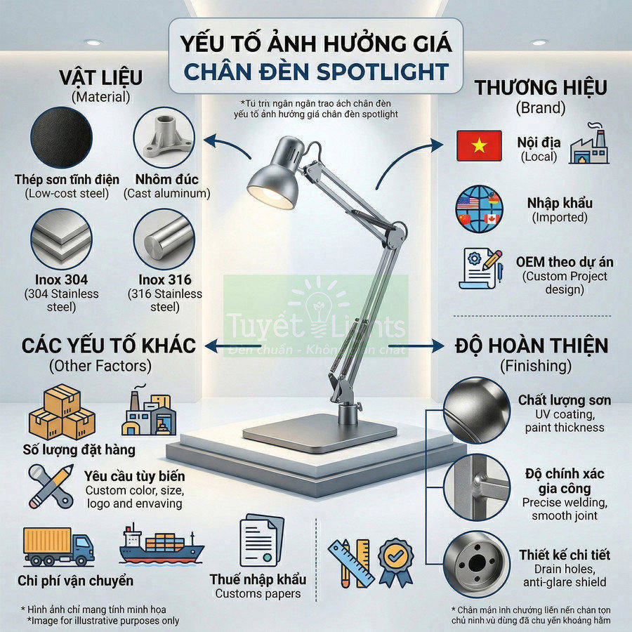 Các yếu tố ảnh hưởng giá chân đèn spotlight kim loại cao cấp thương hiệu Tuyết Lights