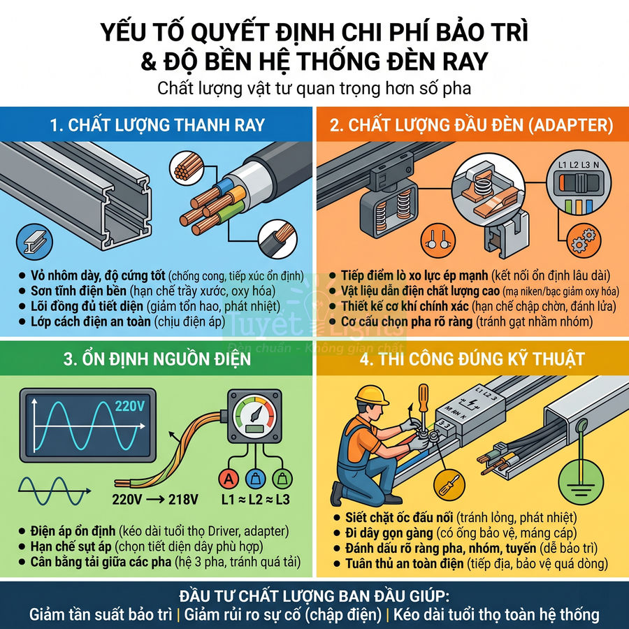 Infographic các yếu tố ảnh hưởng chi phí bảo trì và độ bền hệ thống đèn ray chiếu sáng