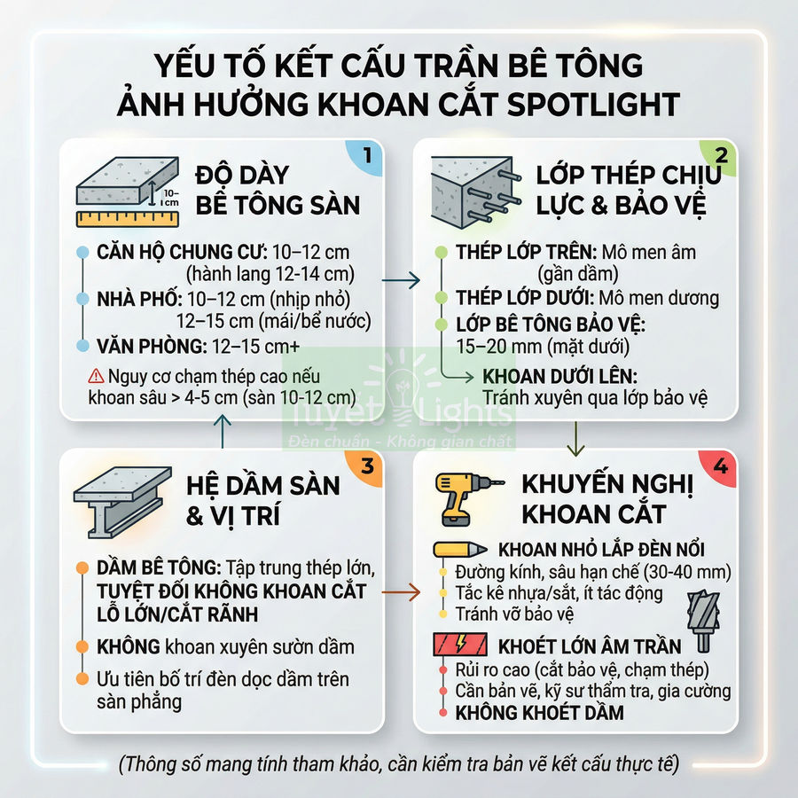 Infographic hướng dẫn khoan cắt đèn spotlight trên trần bê tông, độ dày sàn, thép chịu lực và khuyến nghị an toàn
