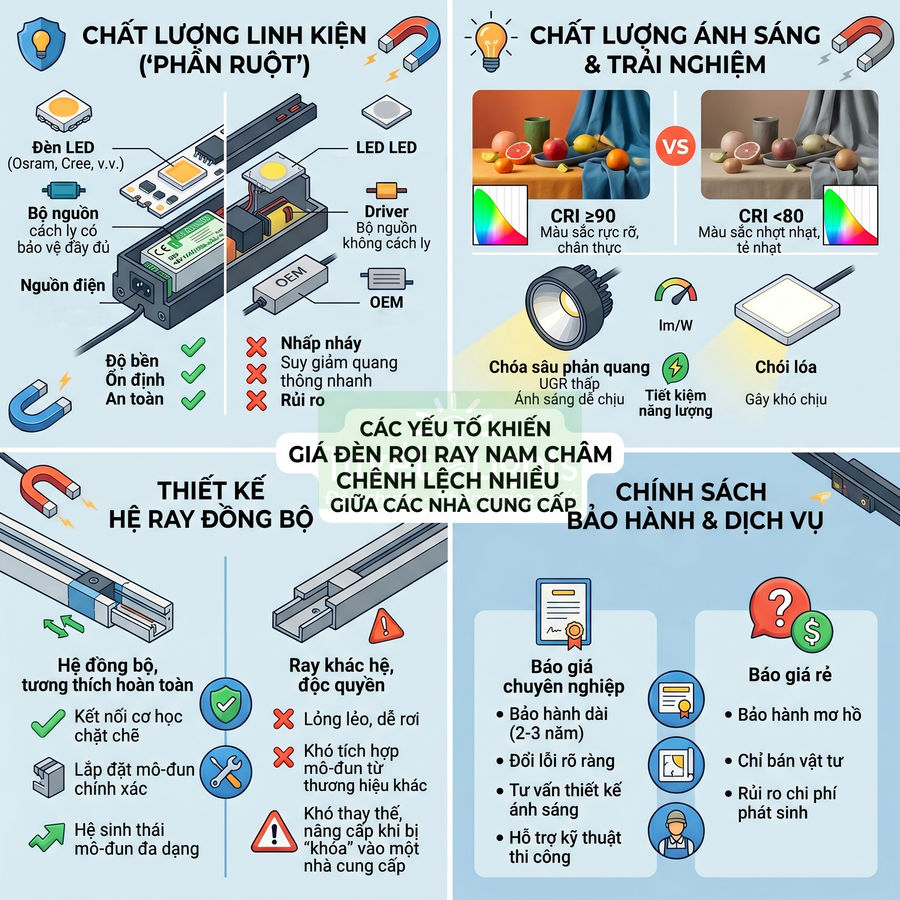 Infographic so sánh chất lượng và giá đèn rọi ray nam châm, linh kiện, ánh sáng, ray và chính sách bảo hành