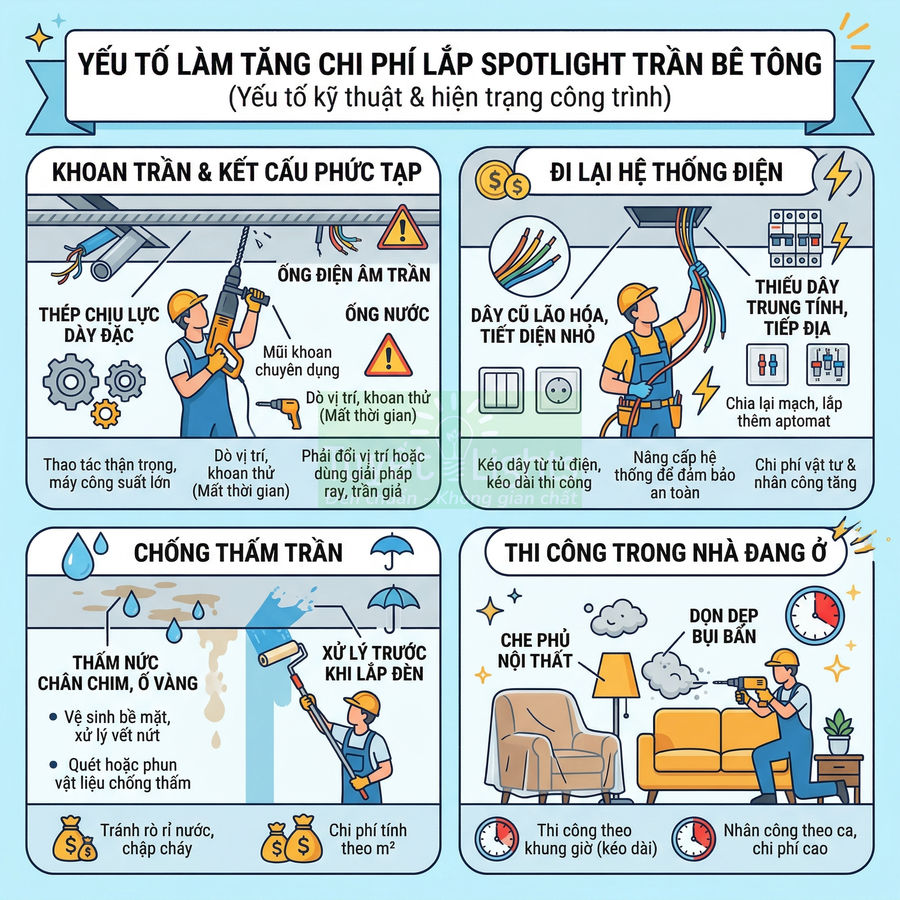 Infographic các yếu tố làm tăng chi phí lắp đèn spotlight trần bê tông trong nhà ở