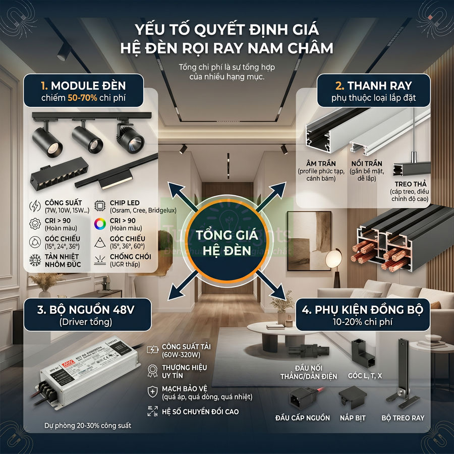 Hệ đèn rọi ray nam châm lắp trần trong phòng khách hiện đại với module đèn, thanh ray và bộ nguồn 48V