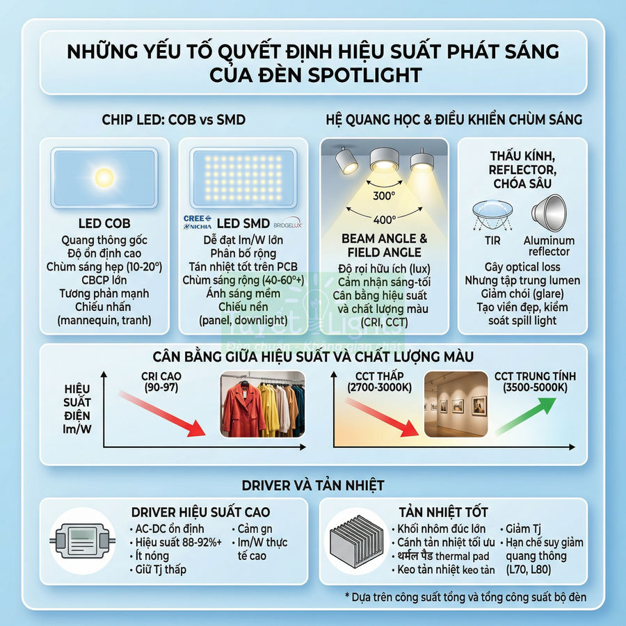 Infographic các yếu tố quyết định hiệu suất phát sáng và chất lượng ánh sáng của đèn spotlight LED