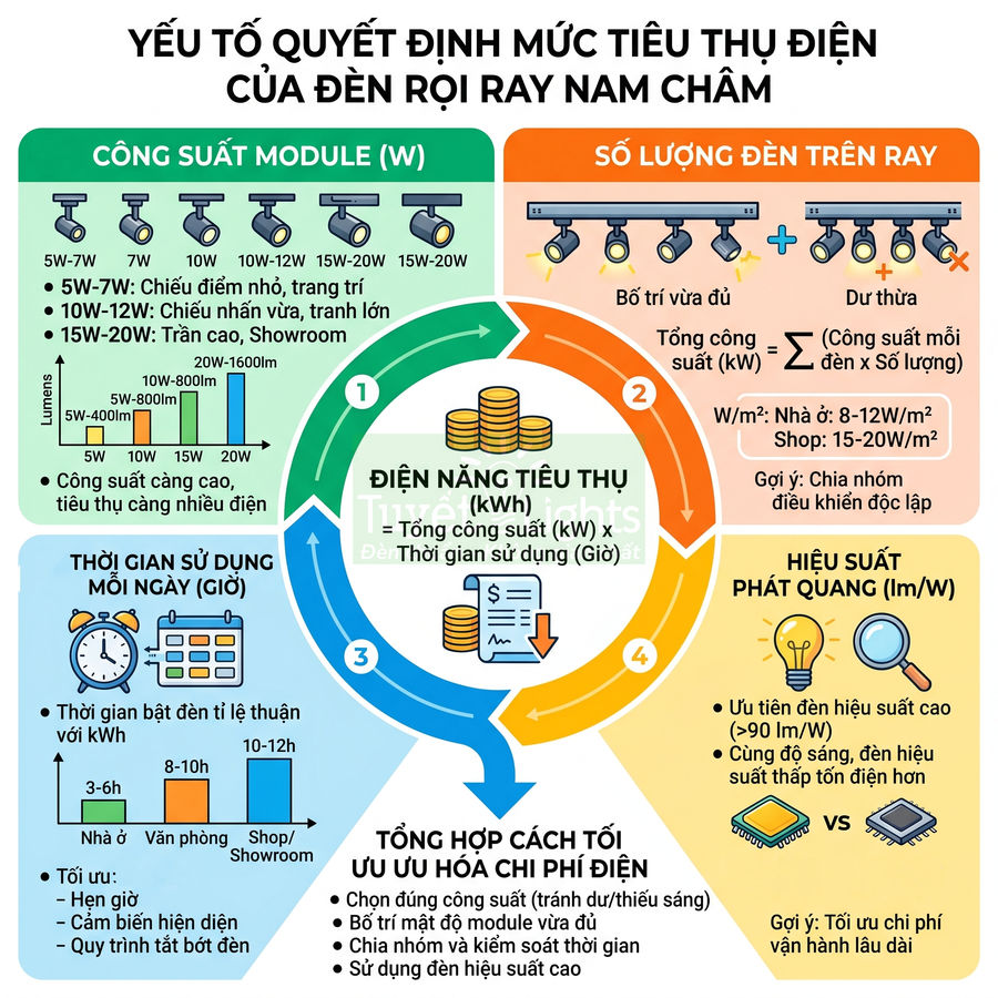 Infographic các yếu tố ảnh hưởng mức tiêu thụ điện và tối ưu chi phí cho đèn rọi ray nam châm