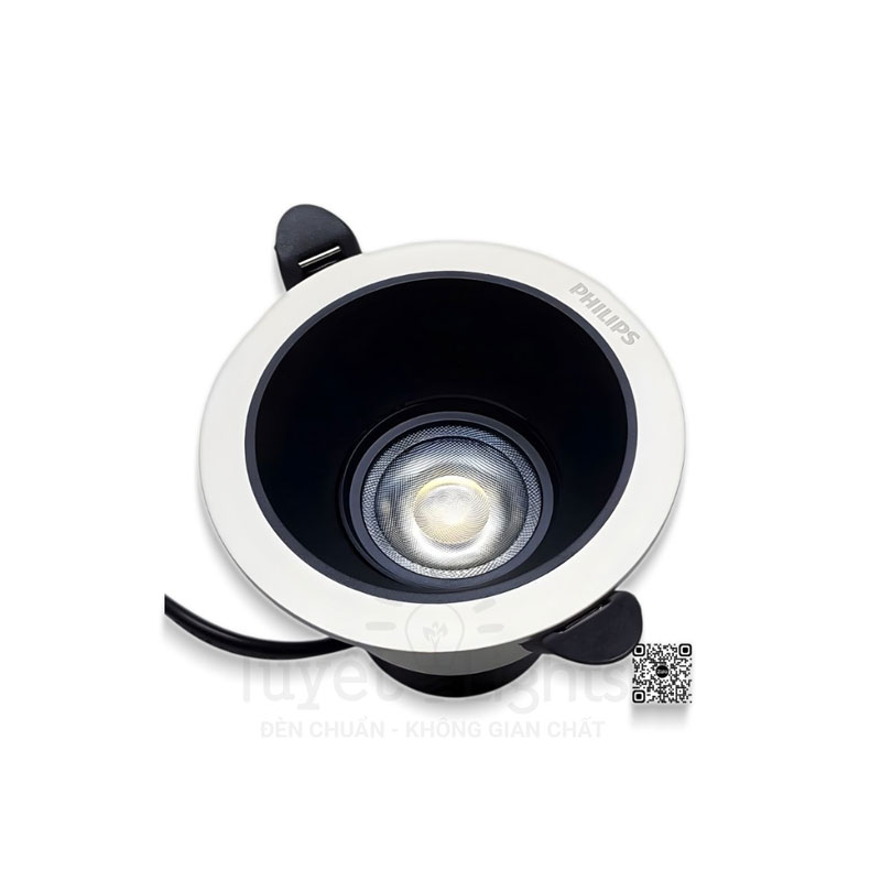 Đèn LED âm trần Philips viền trắng thân đen kèm dây điện và mã QR
