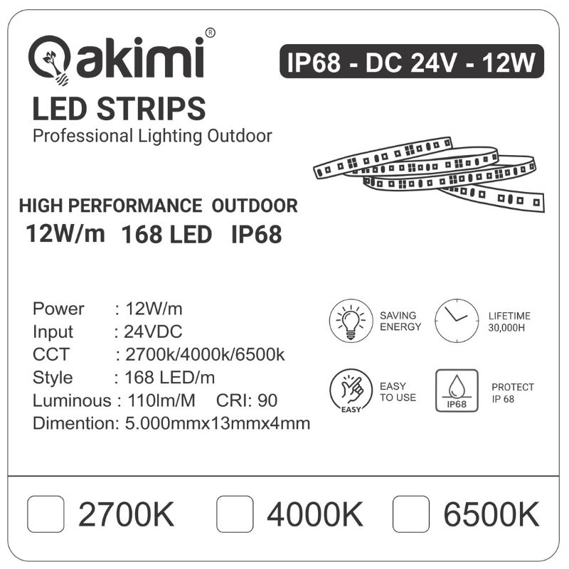 Led dây DC 24V IP68 12W/m (Cuộn 5m - dùng ngoài trời) | AKST-2412IP68