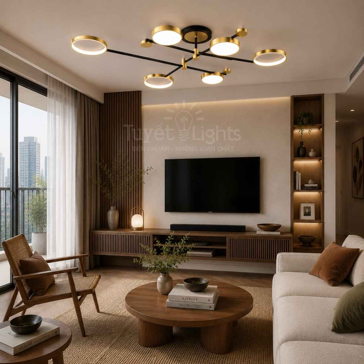 thiết kế hình học đối xứng với các vòng tròn LED được sắp xếp hài hòa trên hệ khung kim loại chắc chắn.