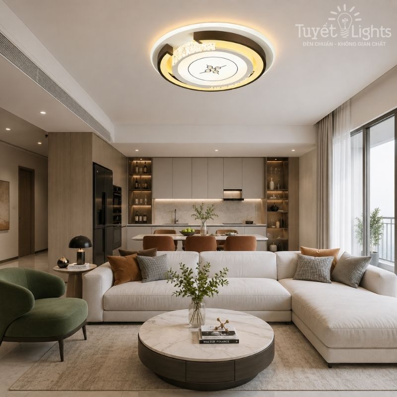 Thiết kế nhiều lớp giúp ánh sáng không chỉ tập trung tại một bề mặt mà còn làm nổi bật các đường cong và khoảng chuyển tiếp bên trong bộ đèn