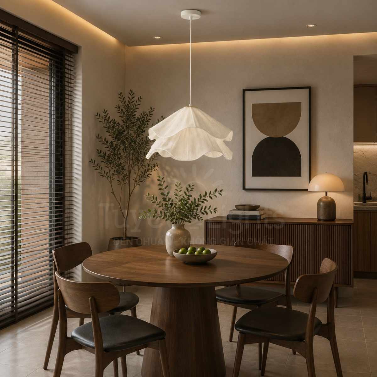 Các đường cong được tạo hình khéo léo giúp chiếc đèn trông như một tác phẩm nghệ thuật treo lơ lửng giữa không gian.