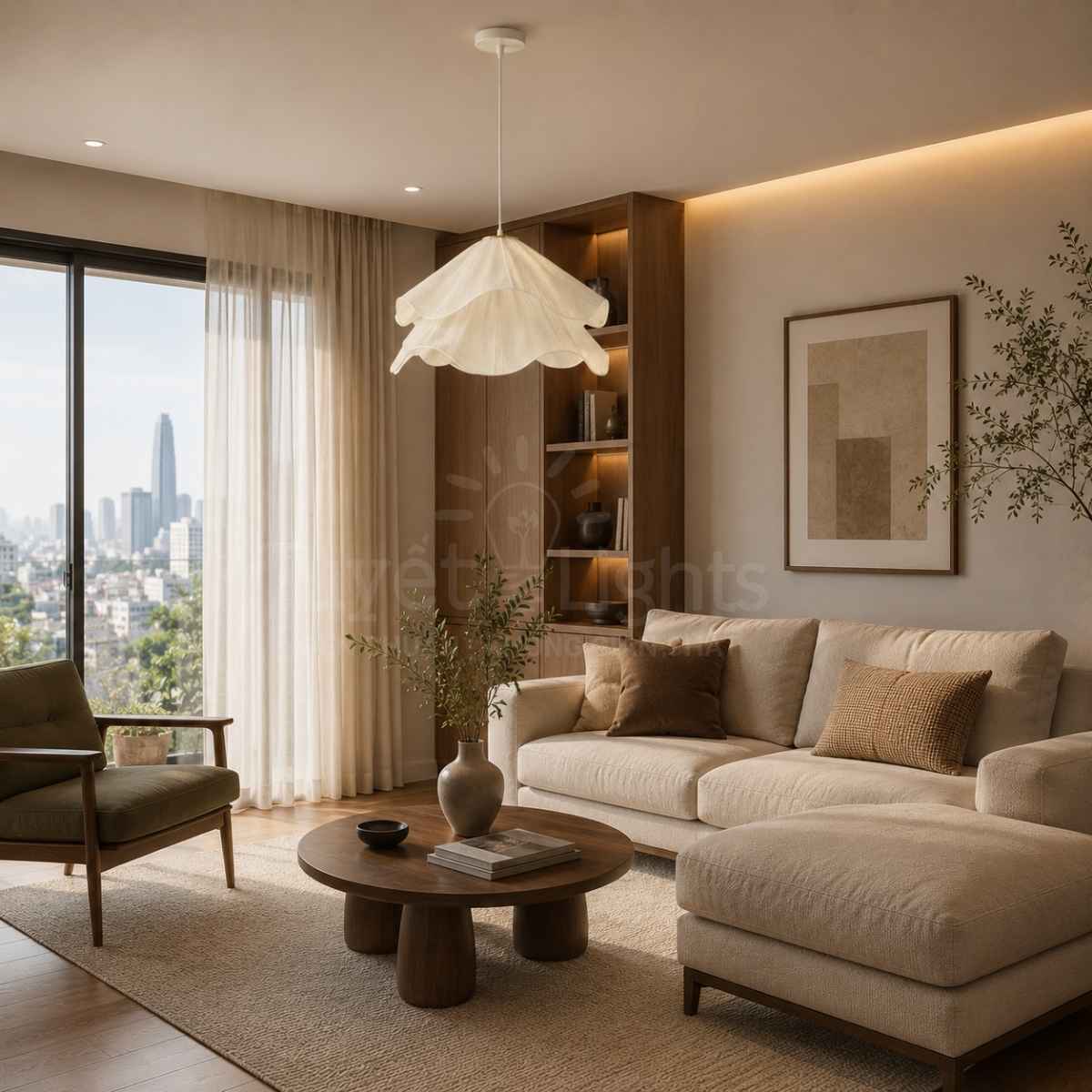 thiết kế hai lớp chao đèn uốn lượn mềm mại.