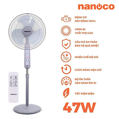 Nanoco - Quạt Đứng Màu Xám - Quạt Đứng Có Remote, 3 Cấp Độ Gió | NSF1602G-RC